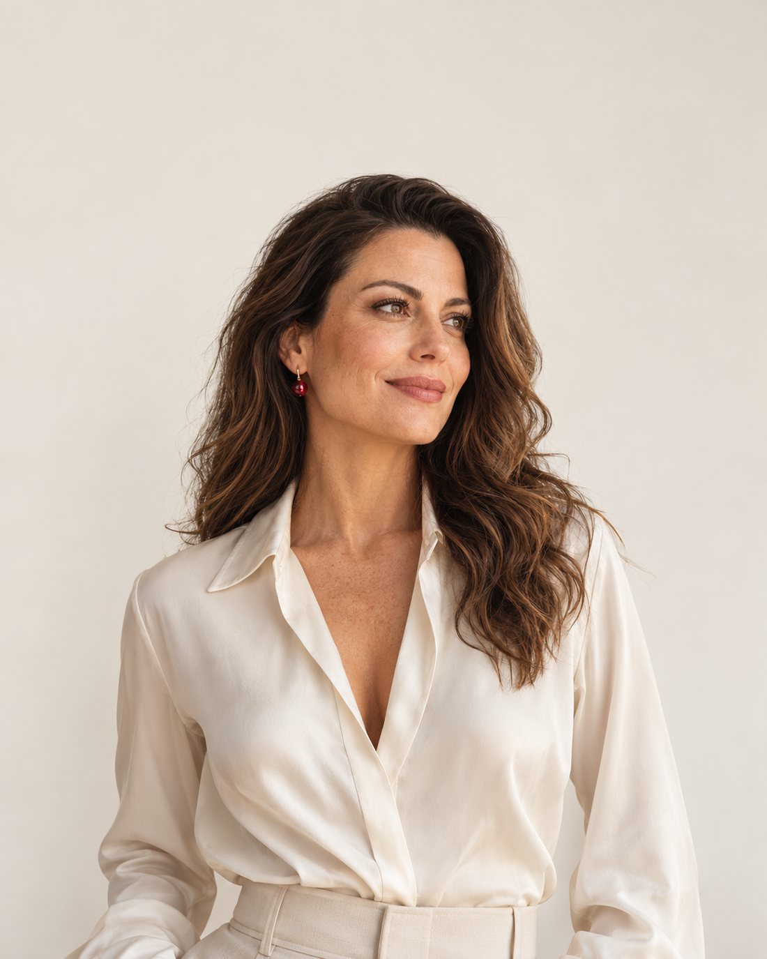 Mulher elegante de blusa de seda marfim e brinco romã, sorrindo com serenidade